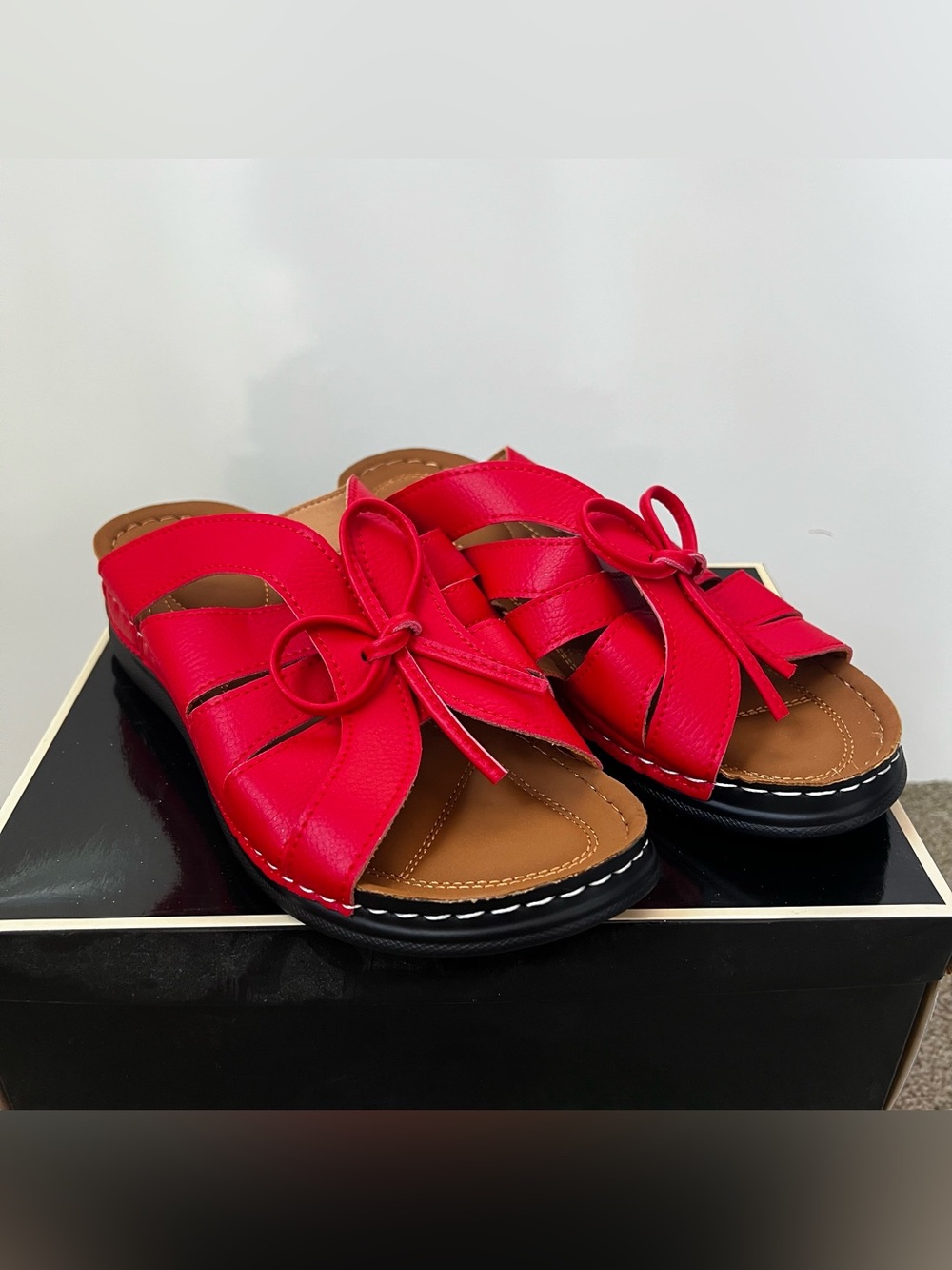 Women’s Red Slide Sandals with Bow Accent
